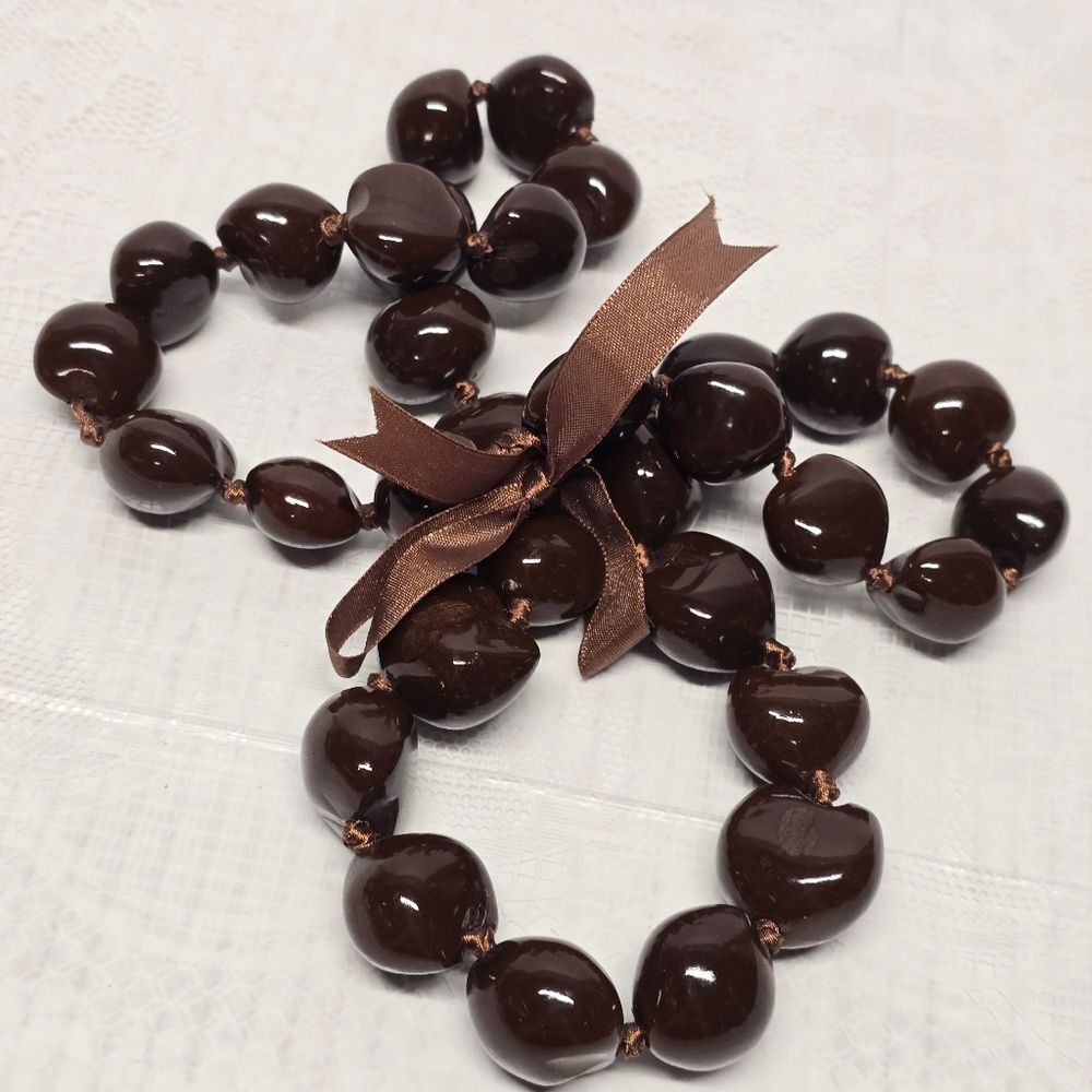Kukui Nut Lei Dark Brown Natural Bead Necklace Boho Traditional Ethnic